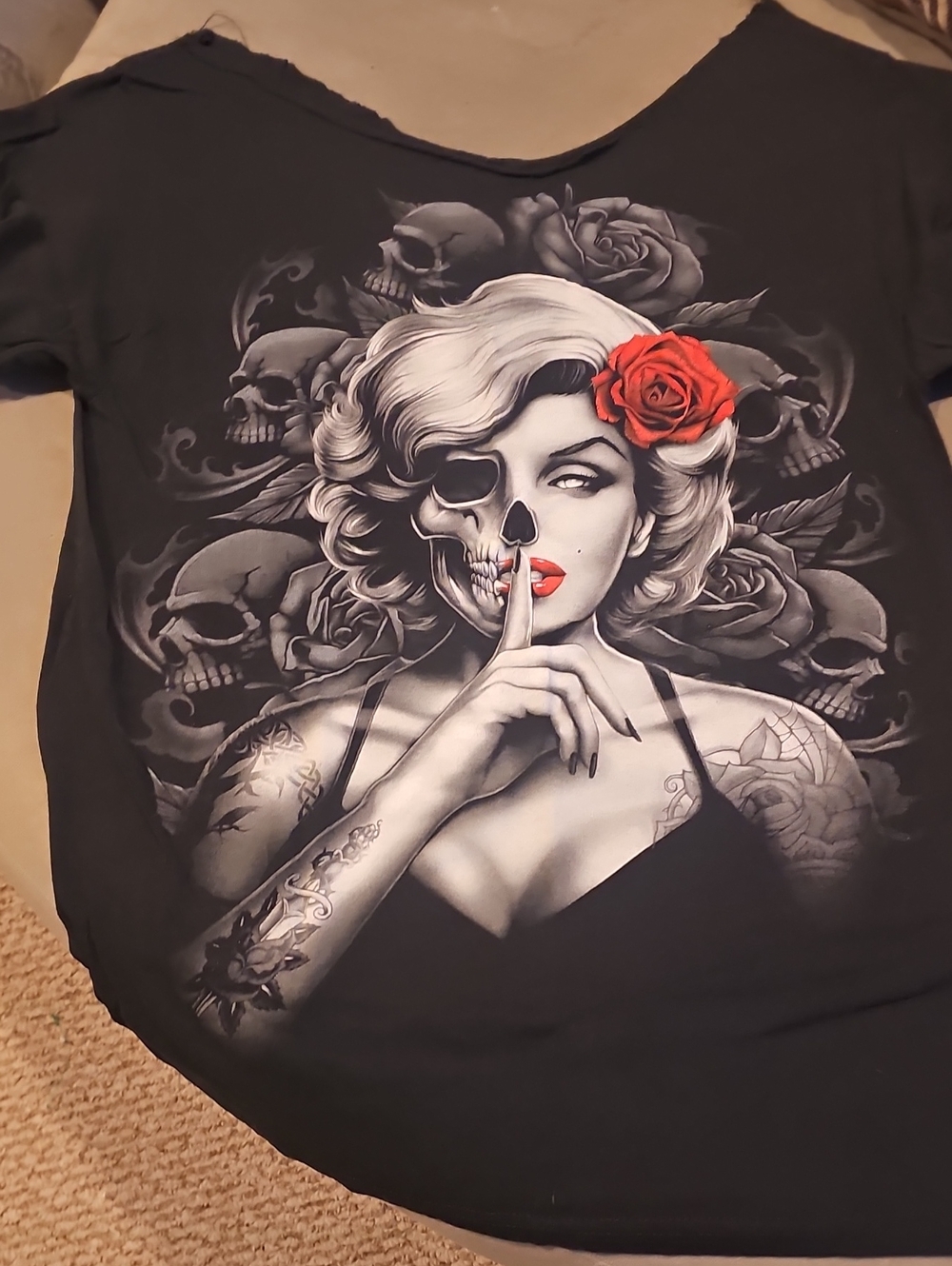 Graphic Black Women’s Tee with Red Rose Accent